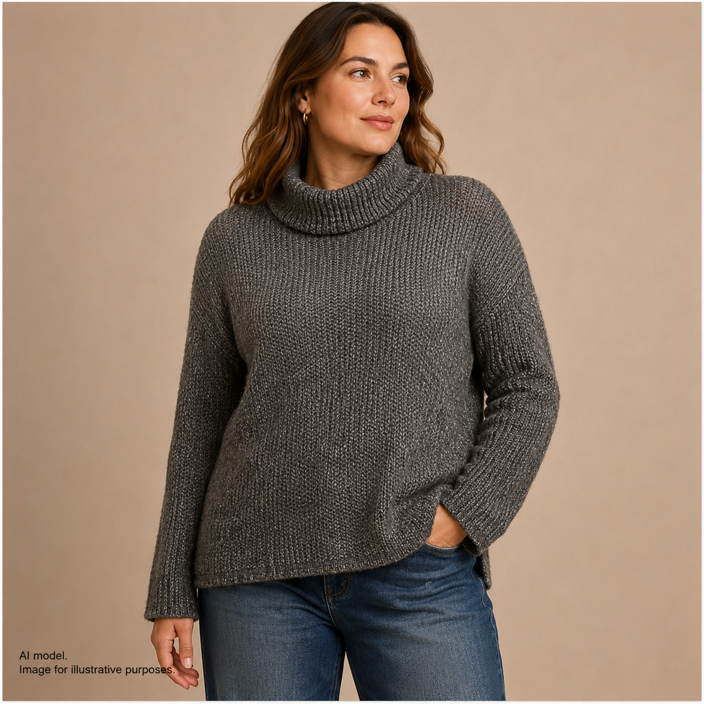 Diane von Furstenberg Sweater Womens XL Gray Metallic Open Knit Turtleneck DVF